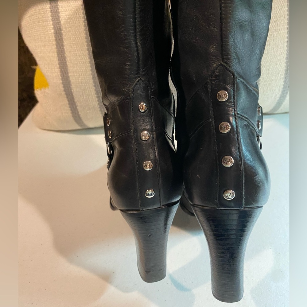 Harley-Davidson Black Leather Heeled Tall Boots Buckle Harness 7.5 - Picture 5 of 10
